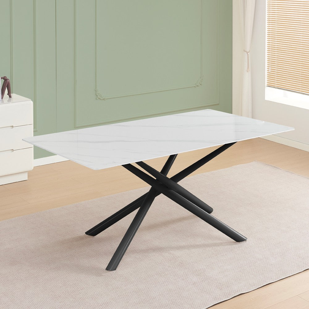 Tavolo fisso Corveo con piano effetto marmo bianco e struttura in metallo nero