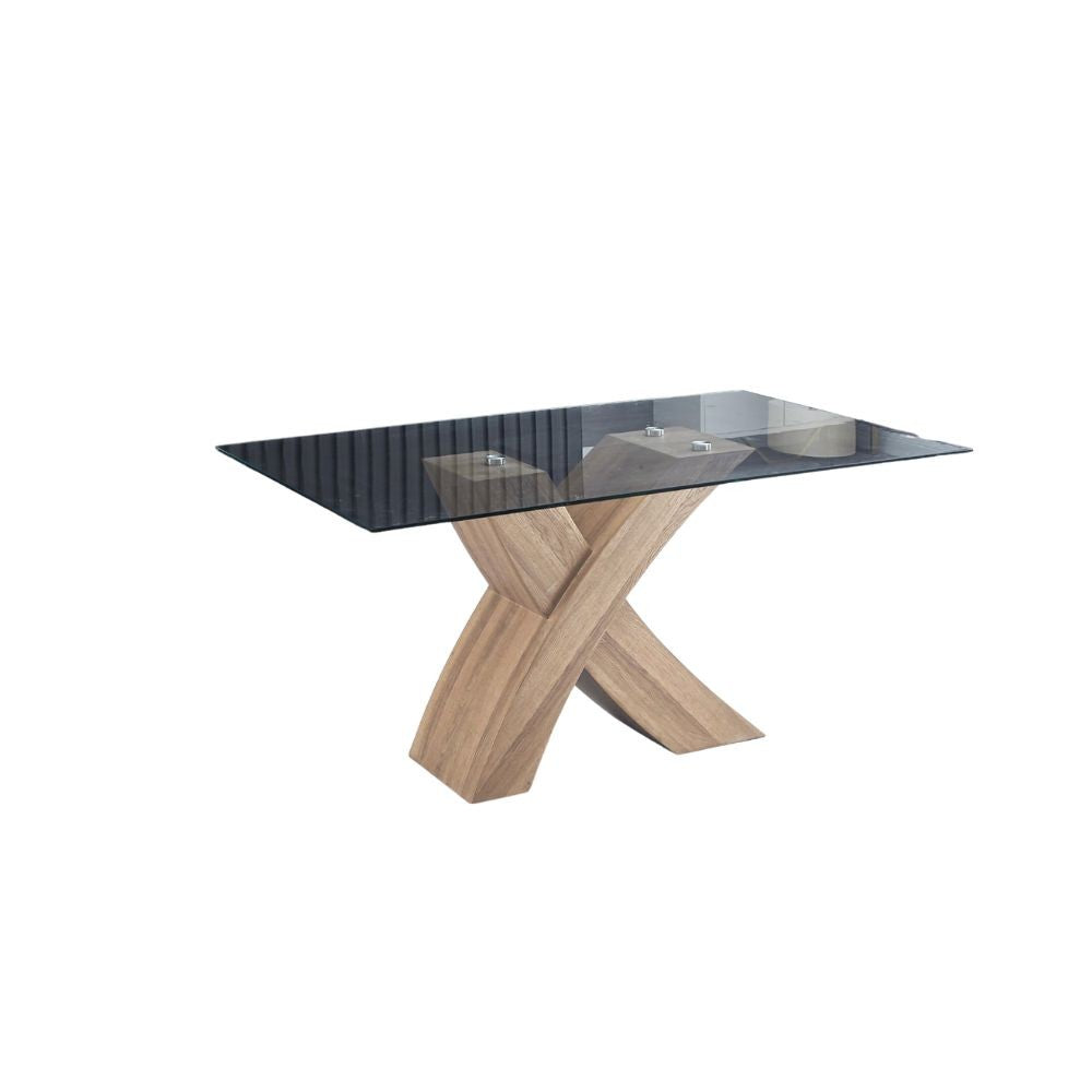 Tavolo fisso Duncan con piano in vetro e gambe incrociate rovere WD03