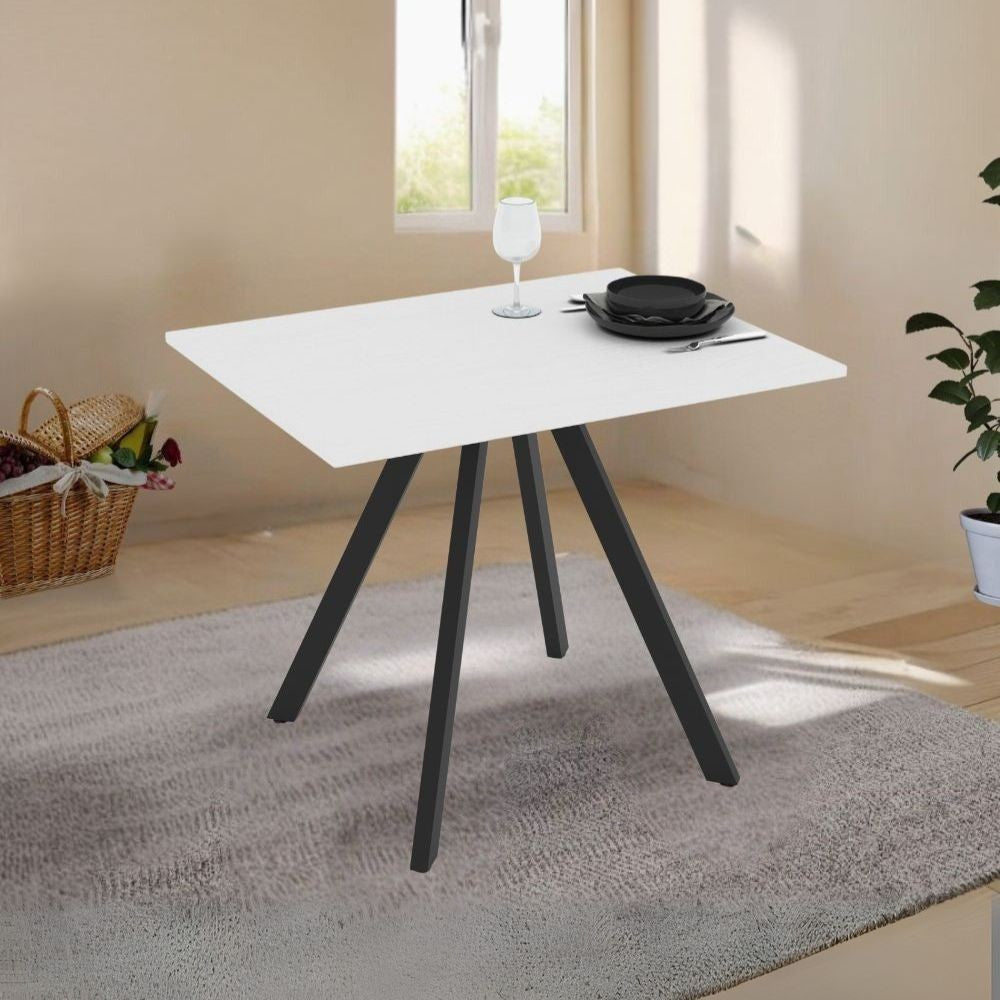 Tavolo fisso Lucas con piano in bianco frassinato e struttura in metallo nero