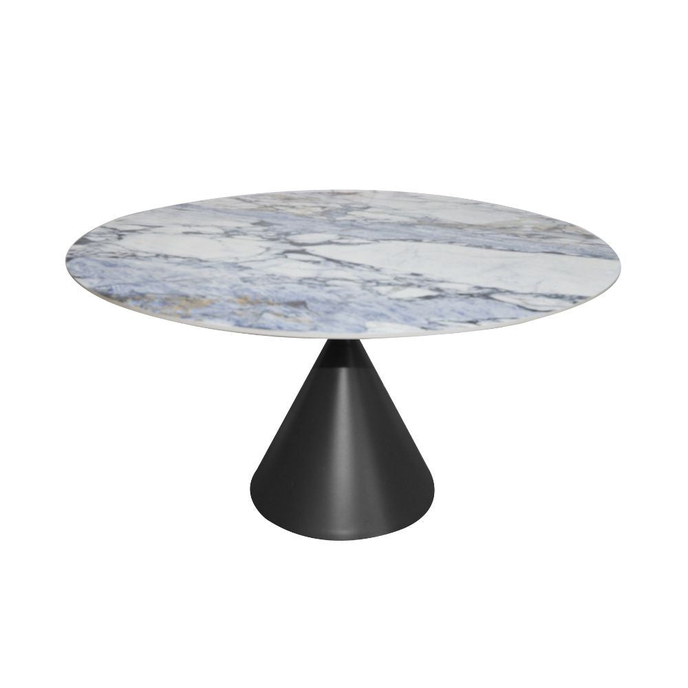 Tavolo fisso Punto con piano effetto marmo con dettagli blu D150xH76 cm.