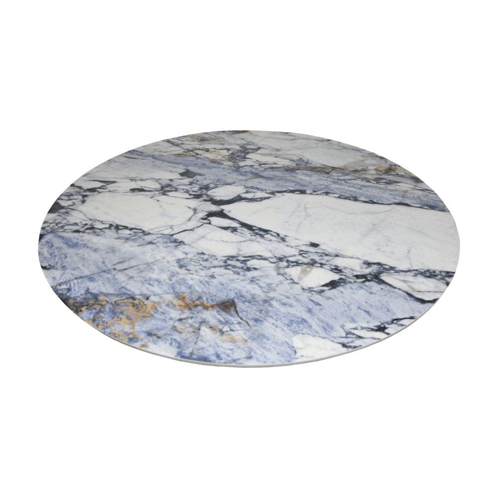 Tavolo fisso Punto con piano effetto marmo con dettagli blu D150xH76 cm.