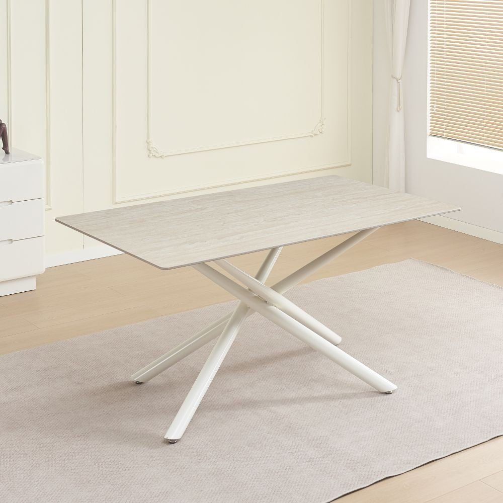 Tavolo fisso Sand con piano in ceramica beige opaco e struttura in metallo bianco