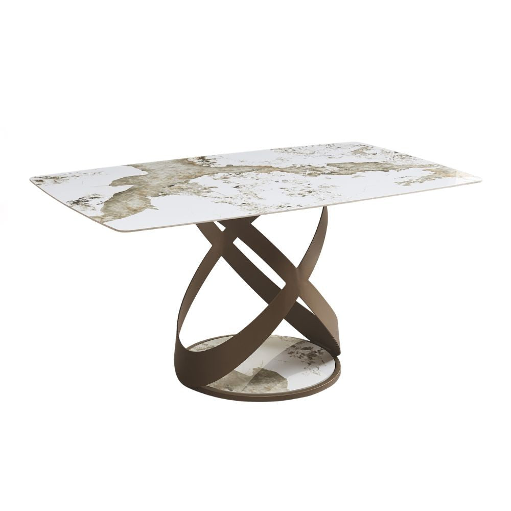 Tavolo fisso Velika con piano in ceramica effetto marmo bianco lucido e gambe in metallo effetto intrecciato