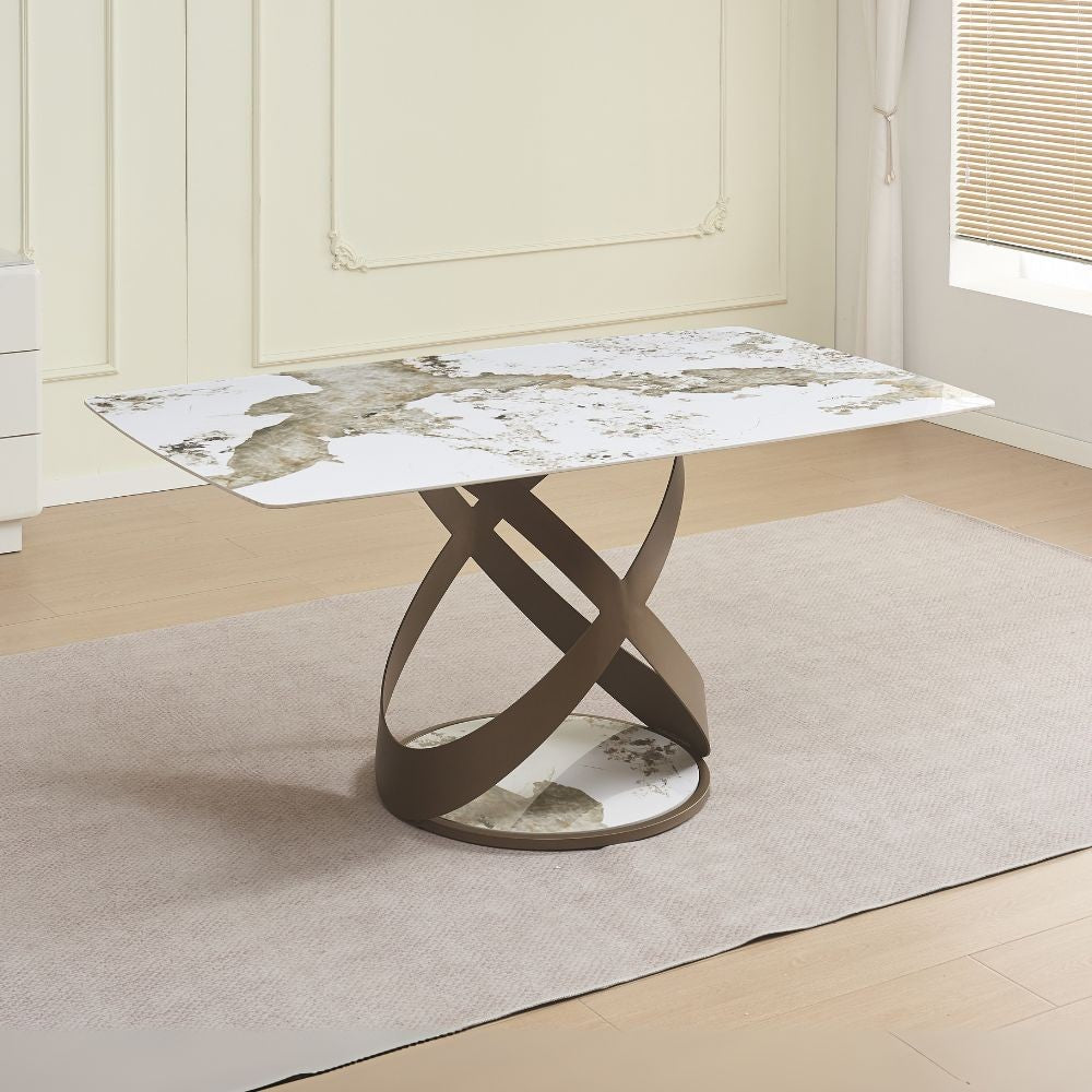 Tavolo fisso Velika con piano in ceramica effetto marmo bianco lucido e gambe in metallo effetto intrecciato