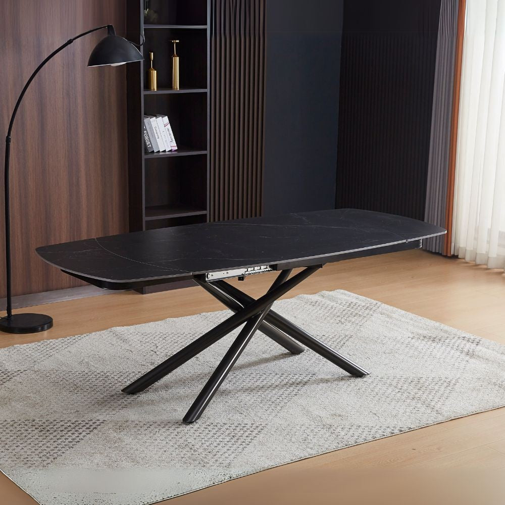Tavolo girevole automatico allungabile Astrid con piano in ceramica effetto marmo nero opaco con gambe colore nero