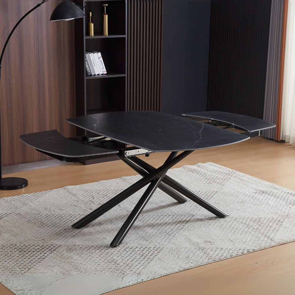 Tavolo girevole automatico allungabile Astrid con piano in ceramica effetto marmo nero opaco con gambe colore nero