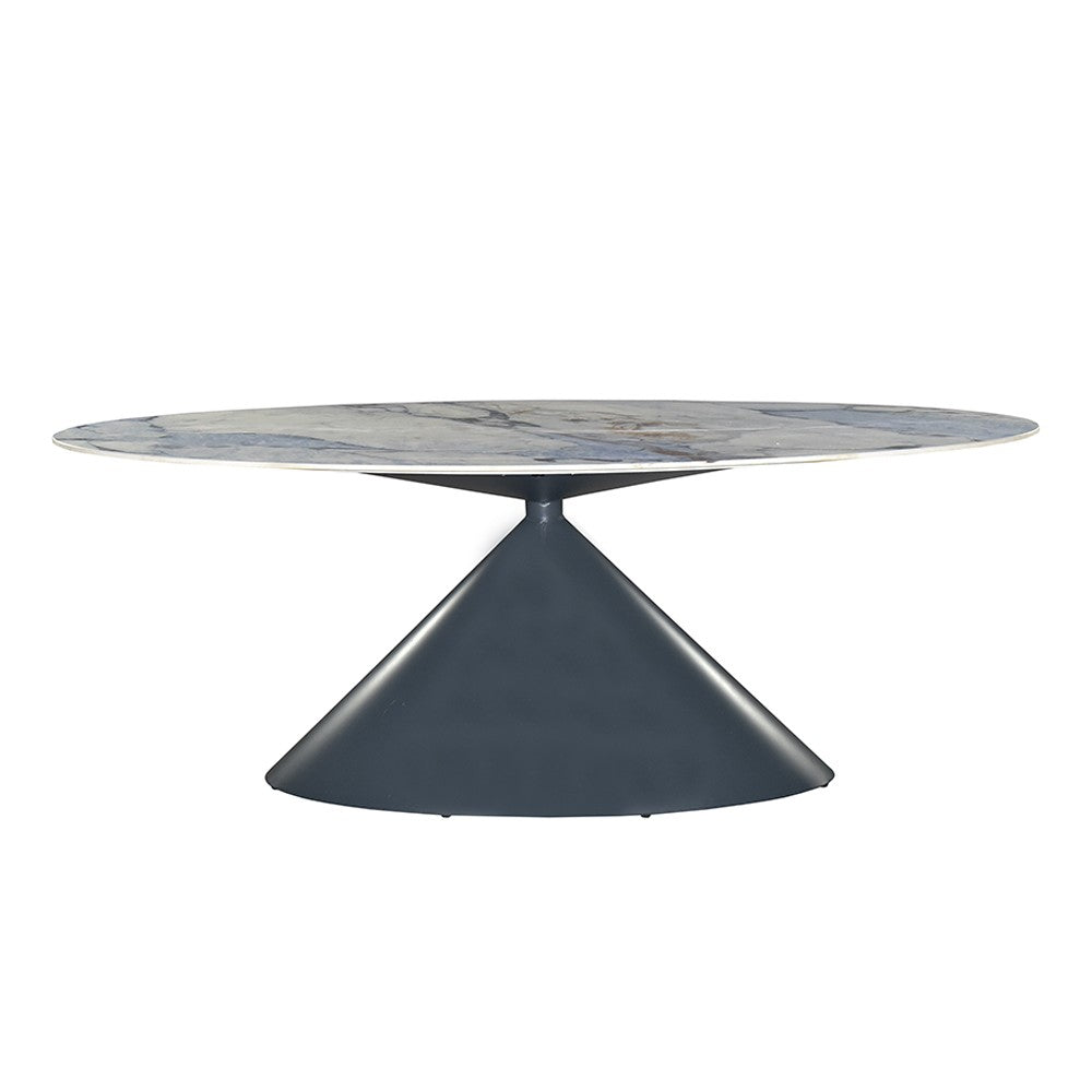 Tavolo ovale fisso Punto con piano effetto marmo con dettagli blu 200x80xH76 cm.