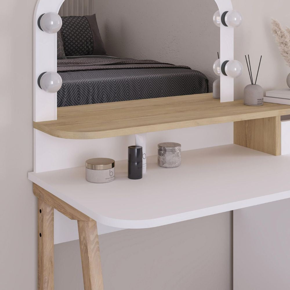 Toeletta Avien con specchio con cornice luci LED colore bianco e rovere