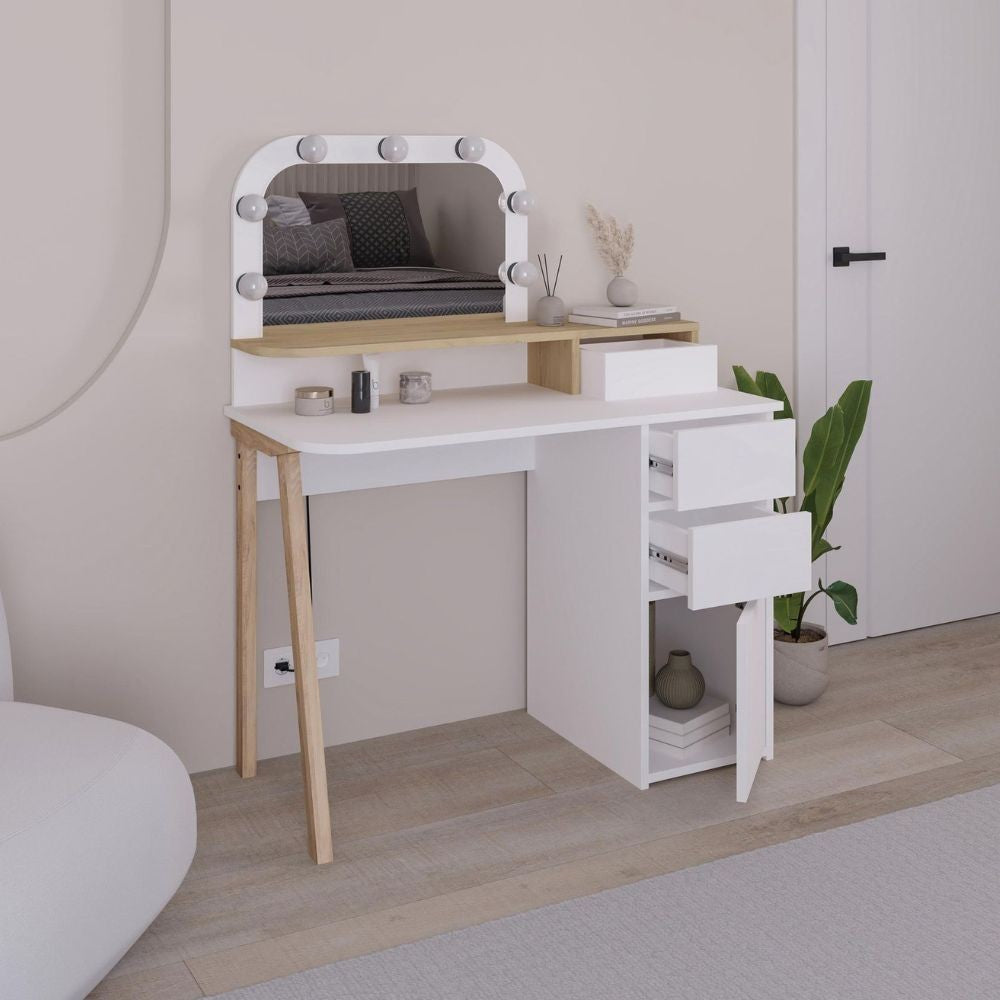 Toeletta Avien con specchio con cornice luci LED colore bianco e rovere