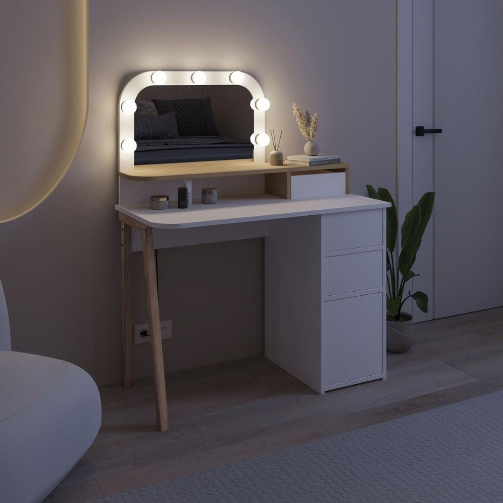 Toeletta Avien con specchio con cornice luci LED colore bianco e rovere