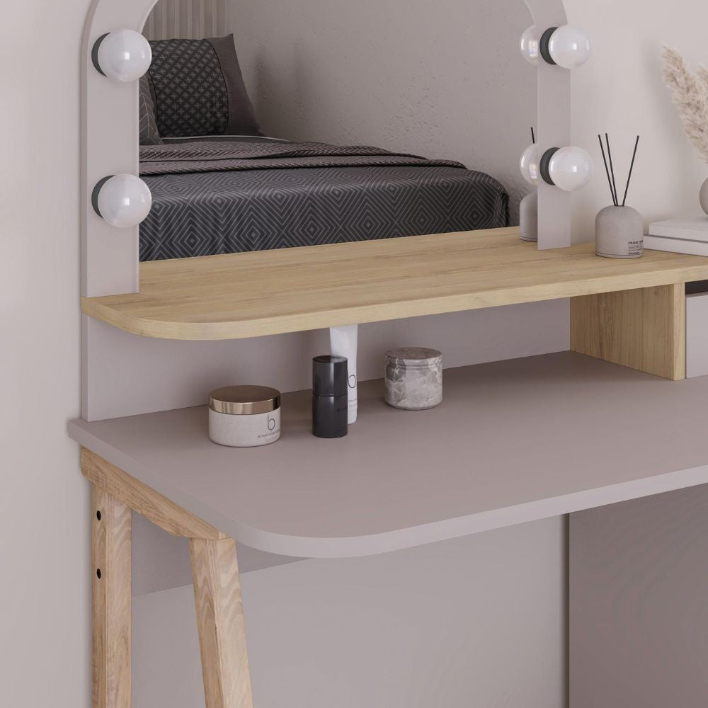 Toeletta Avien con specchio con cornice luci LED colore tortora e rovere