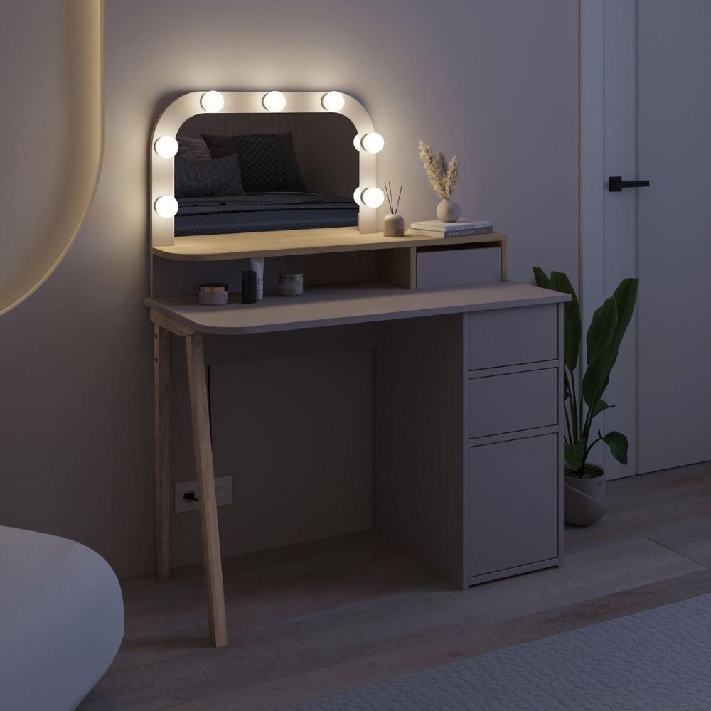 Toeletta Avien con specchio con cornice luci LED colore tortora e rovere