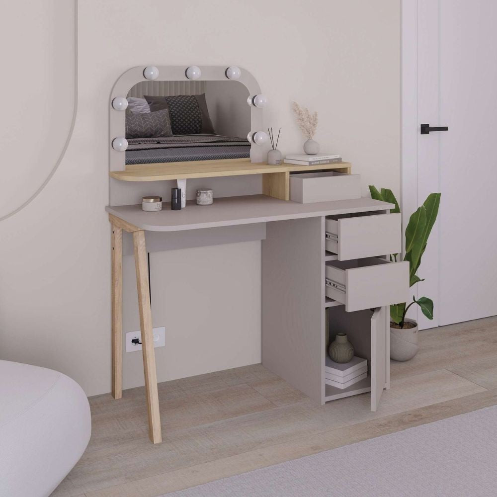 Toeletta Avien con specchio con cornice luci LED colore tortora e rovere