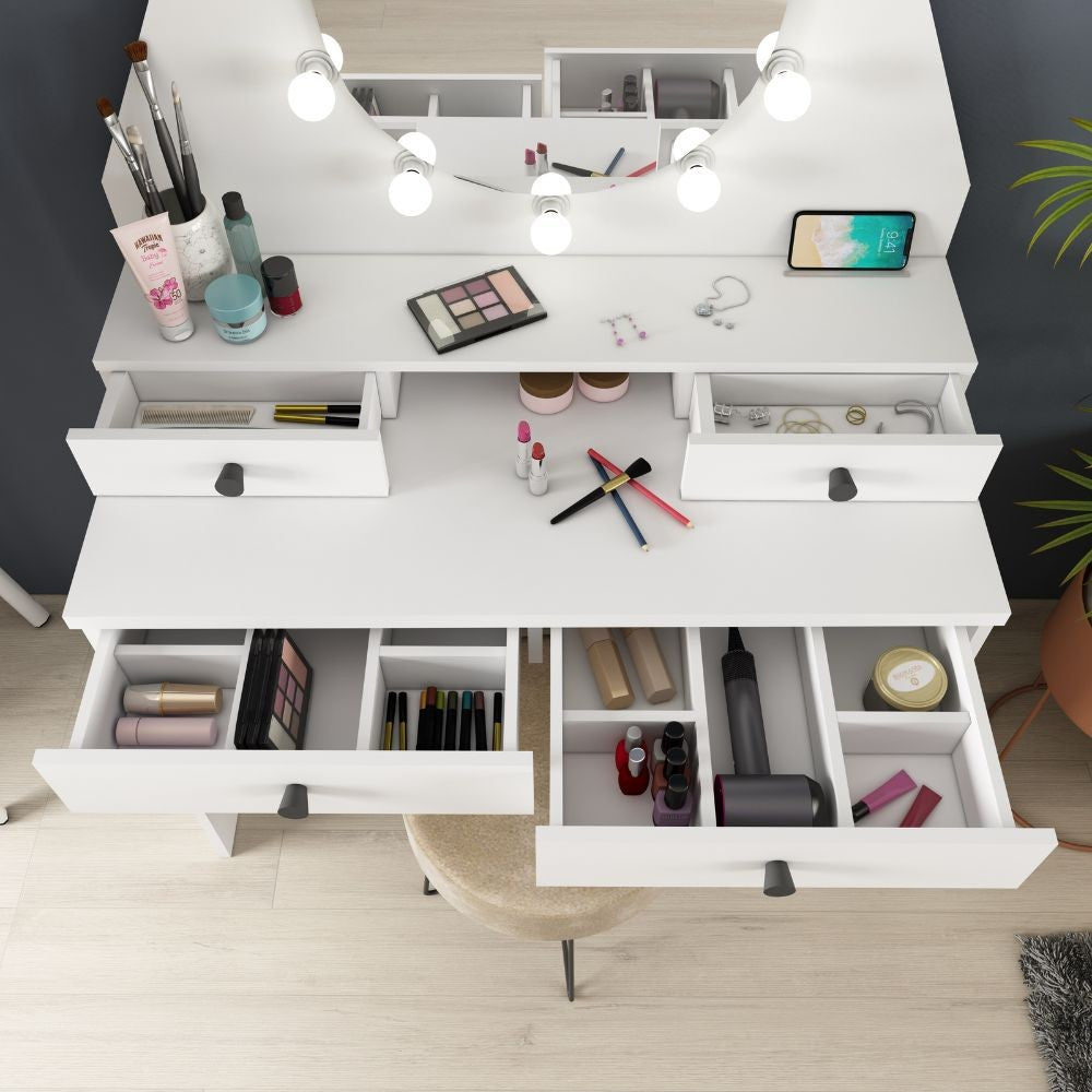 Toeletta da trucco con specchio a luci a led con doppio ripiano e 4 cassetti bianco