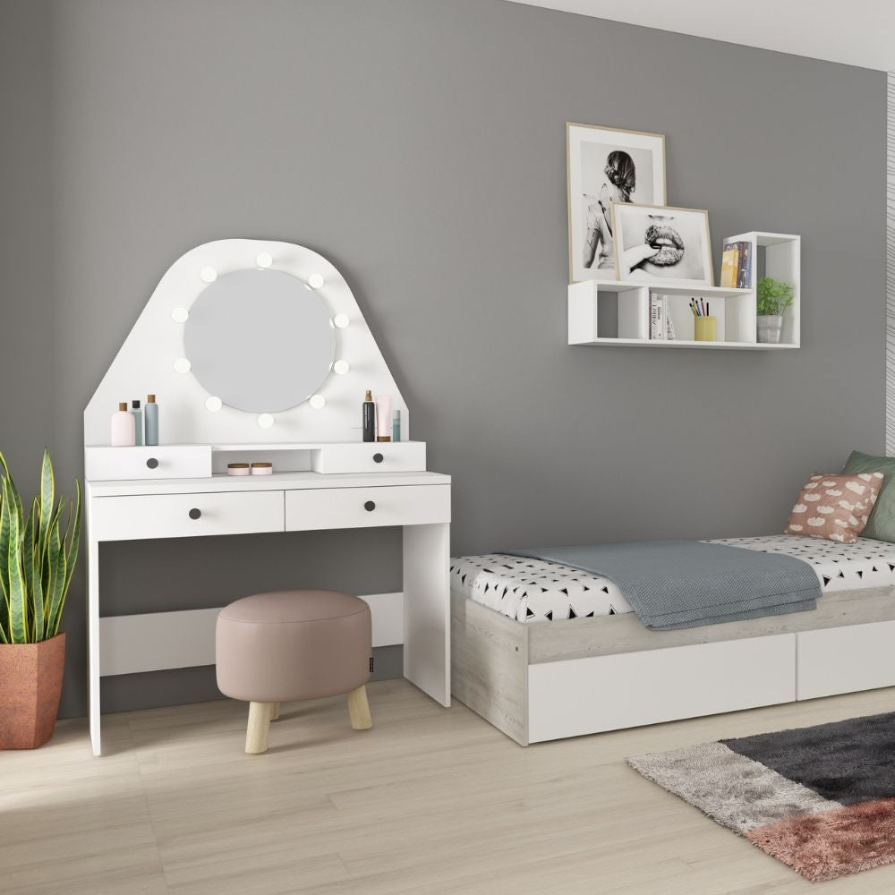 Toeletta da trucco con specchio a luci a led con doppio ripiano e 4 cassetti bianco