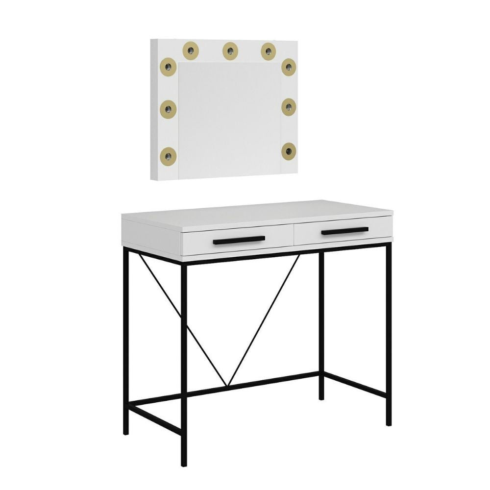 Toeletta da trucco Sane con 2 cassetti bianco con piedi neri e specchio con luci LED lampadine escluse