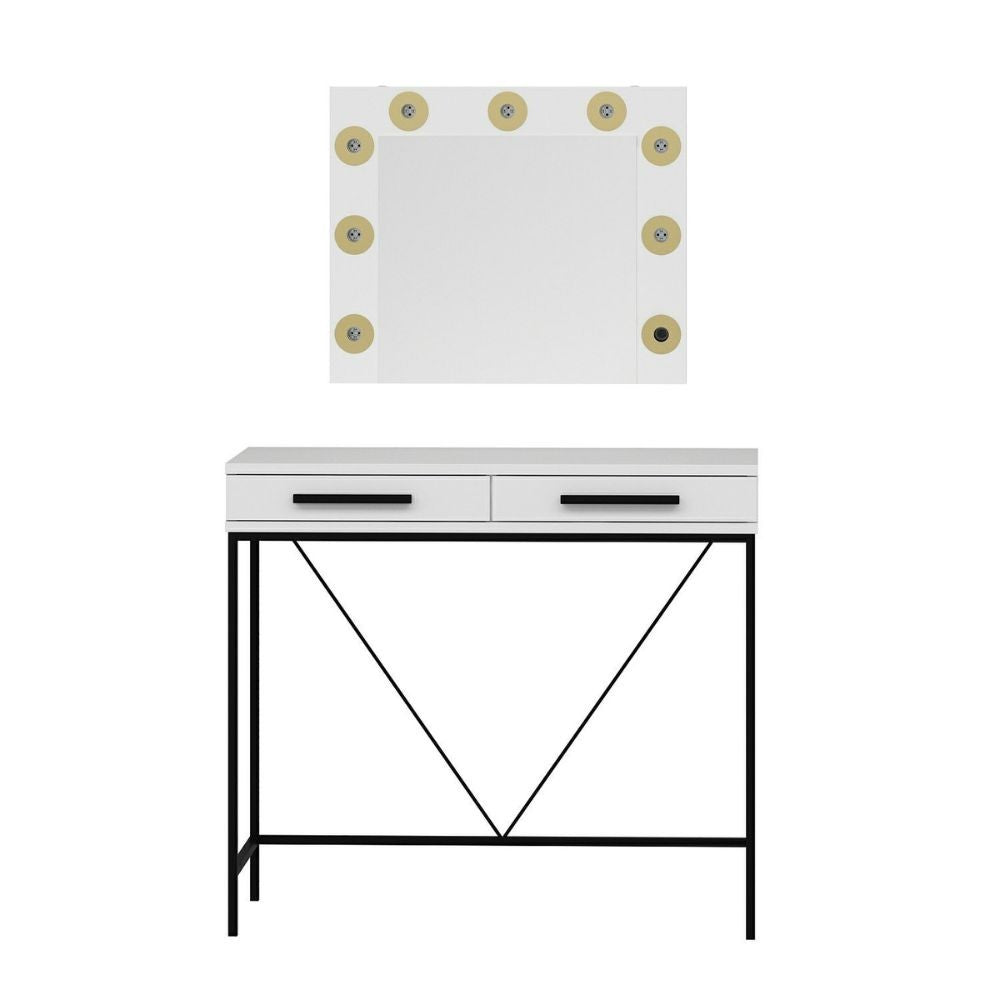 Toeletta da trucco Sane con 2 cassetti bianco con piedi neri e specchio con luci LED lampadine escluse