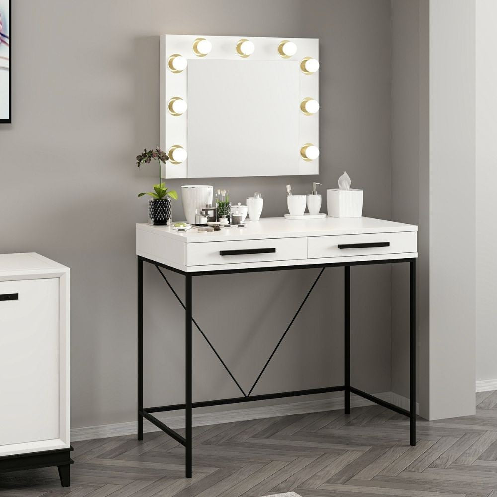 Toeletta da trucco Sane con 2 cassetti bianco con piedi neri e specchio con luci LED lampadine escluse