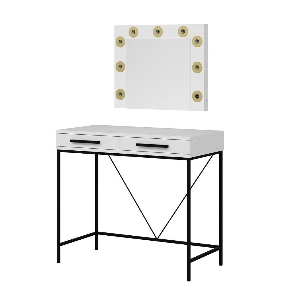 Toeletta da trucco Sane con 2 cassetti bianco con piedi neri e specchio con luci LED lampadine escluse