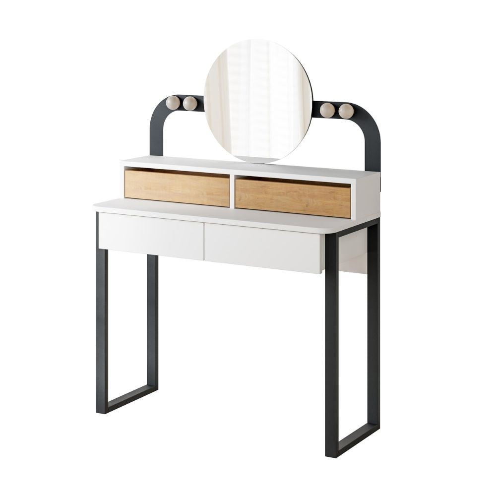 Toeletta Lora con 4 cassetti luci a LED e specchio colore bianco e rovere