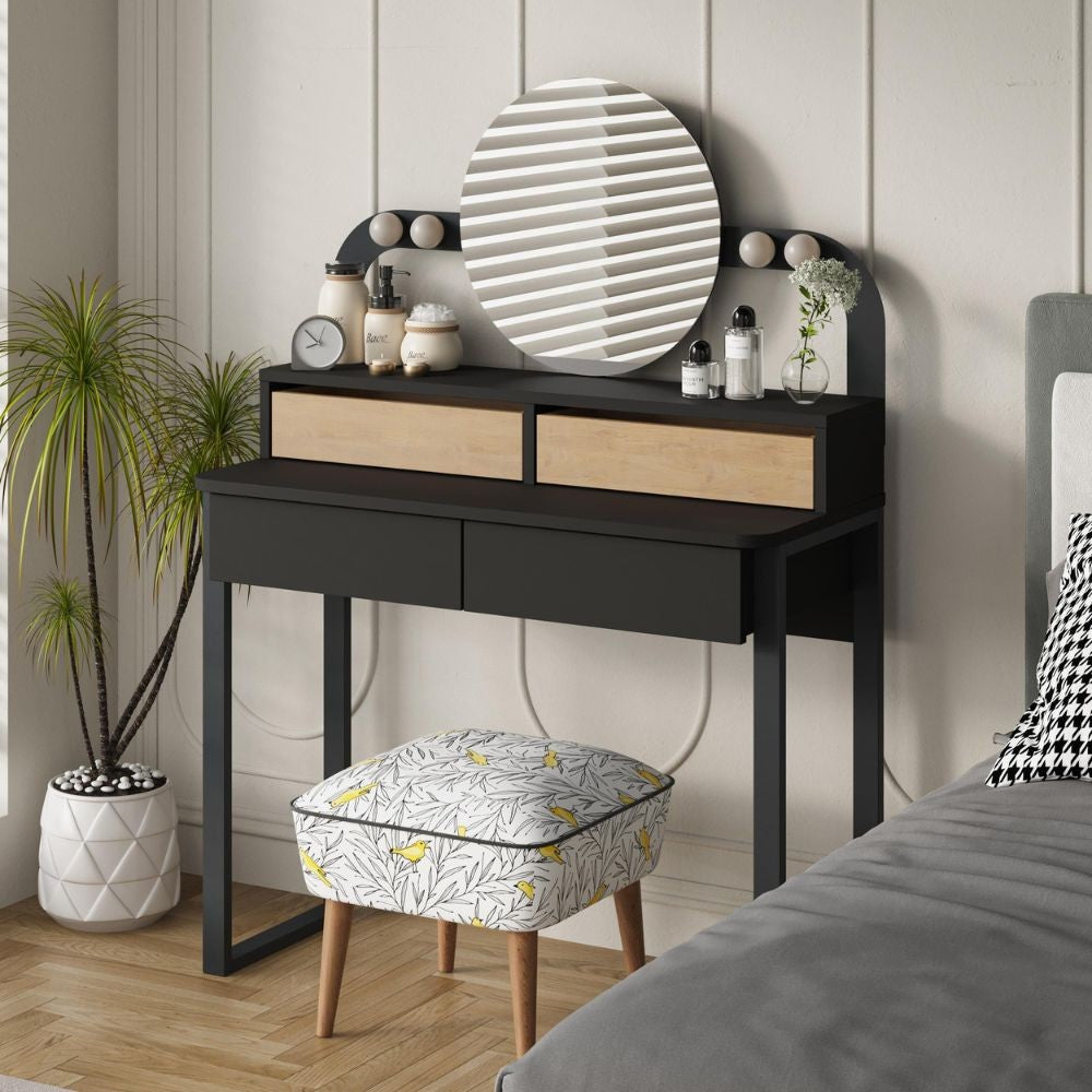 Toeletta Lora con 4 cassetti luci a LED e specchio colore nero e rovere