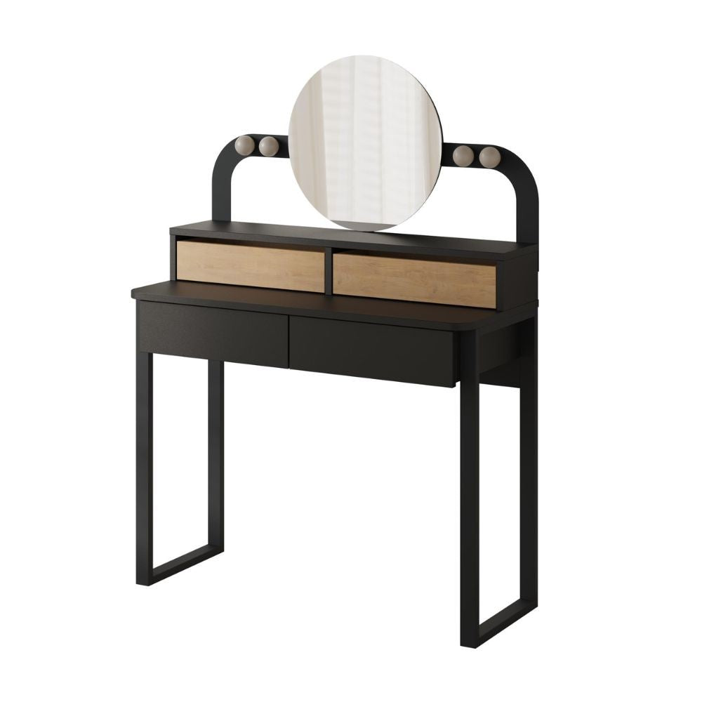 Toeletta Lora con 4 cassetti luci a LED e specchio colore nero e rovere