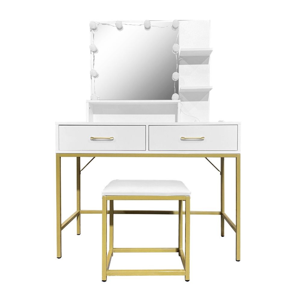 Toeletta Lunar con sgabello e specchio con LED colore bianco e struttura oro