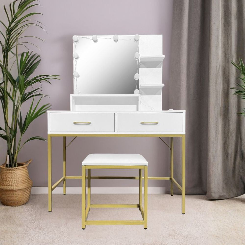Toeletta Lunar con sgabello e specchio con LED colore bianco e struttura oro