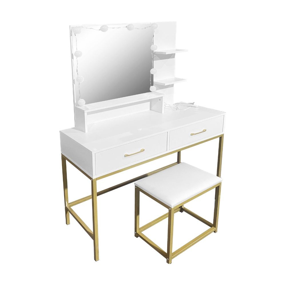 Toeletta Lunar con sgabello e specchio con LED colore bianco e struttura oro