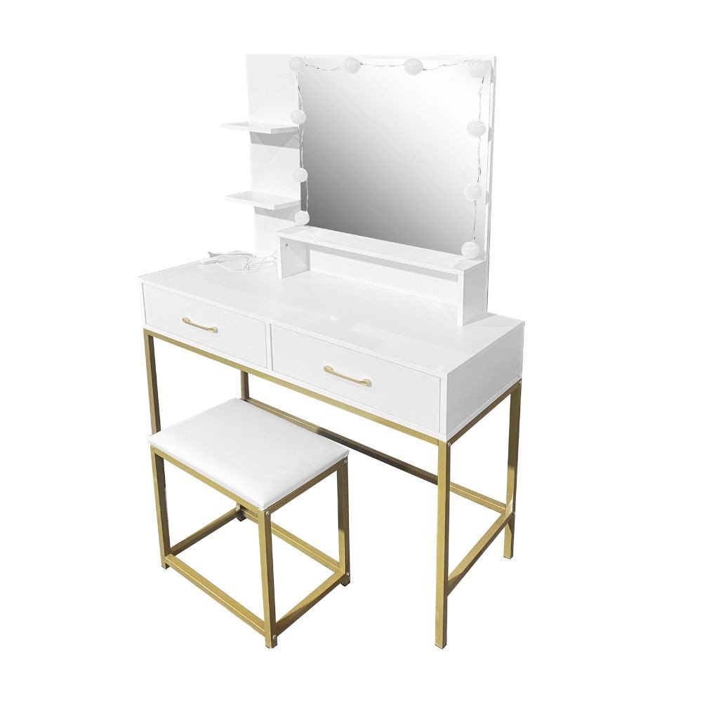 Toeletta Lunar con sgabello e specchio con LED colore bianco e struttura oro